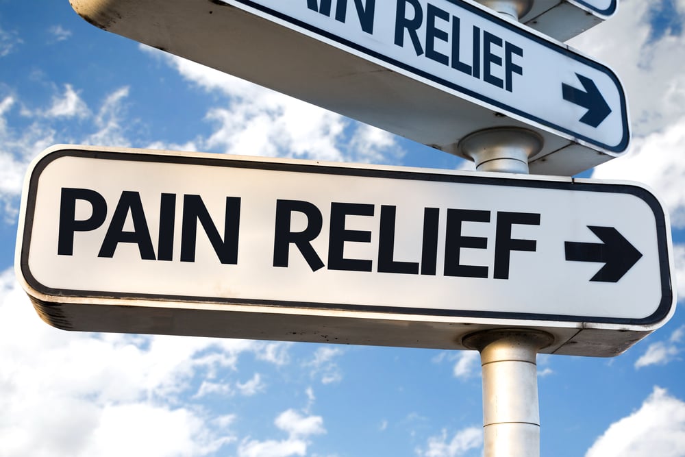 Pain Relief direction sign on sky background